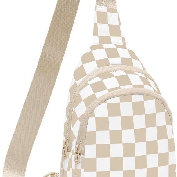 Beige Checkered Crossbody Bag for Women - Adjustable Waterproof Pursuit Fashion - Picture 1 of 6